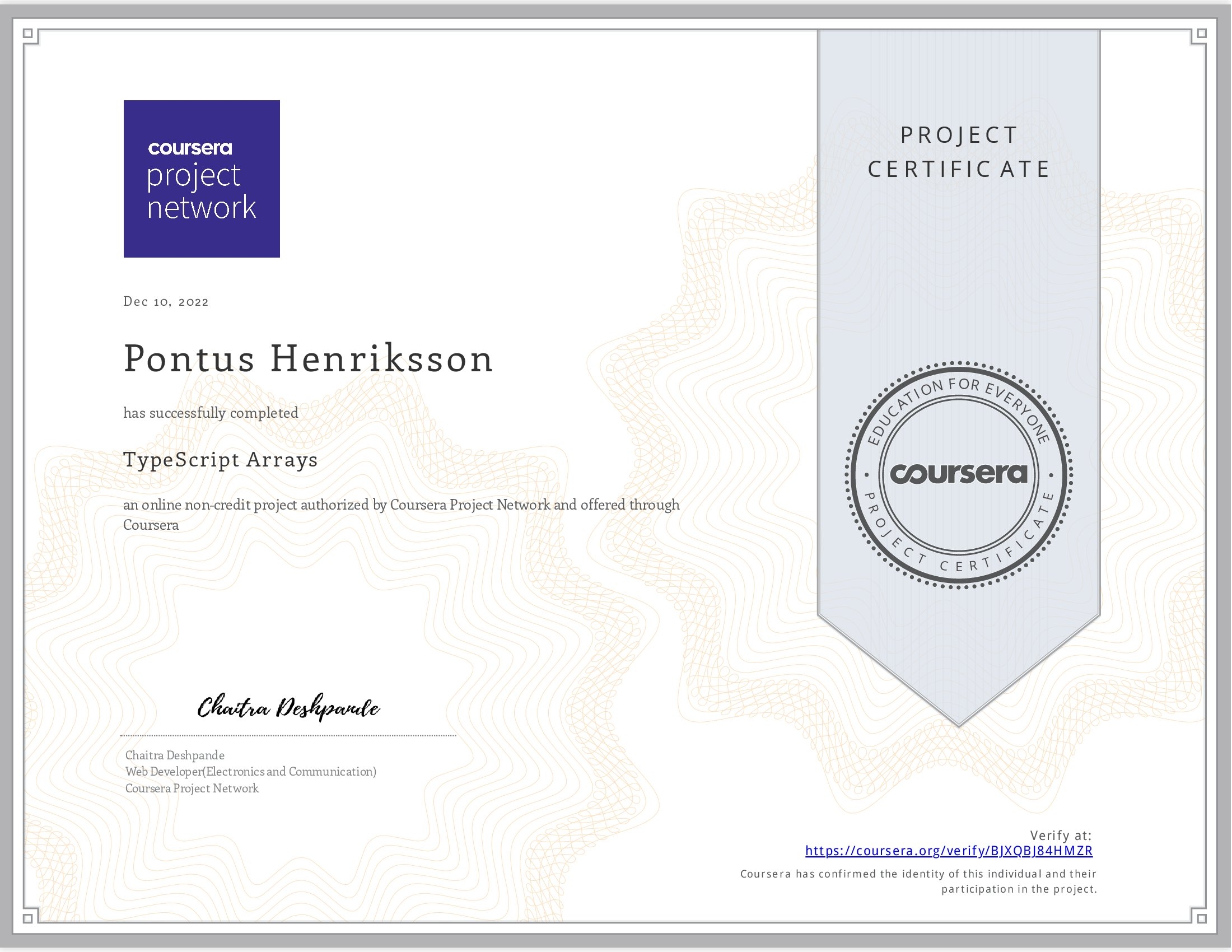 TypeScript Arrays certificate from coursera. Certificate id: BJXQBJ84HMZR