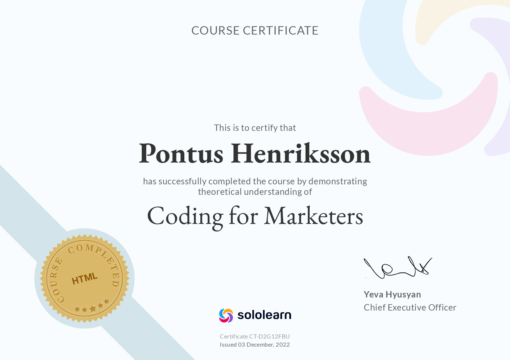 Coding for Marketers certificate from sololearn. Certificate id: CT-D2G12FBU