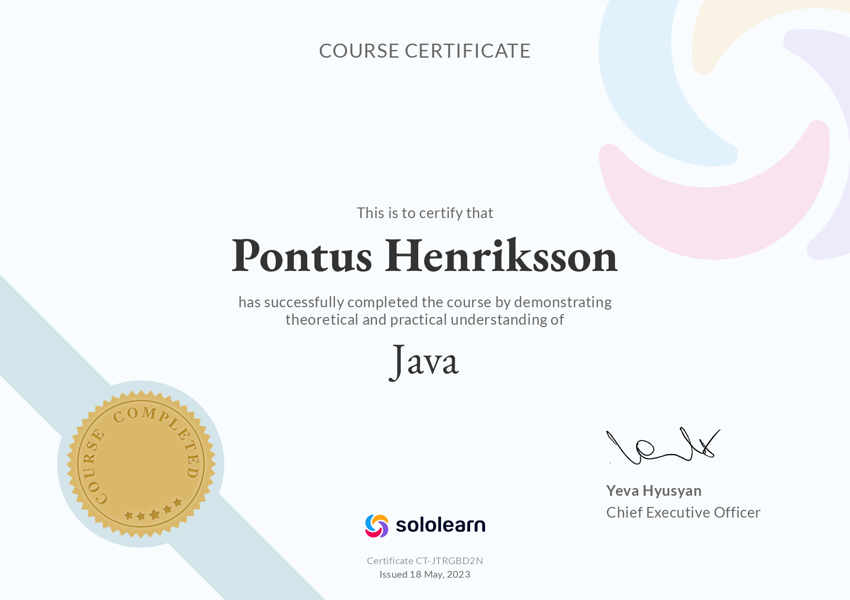 Java certificate from sololearn. Certificate id: CT-JTRGBD2N