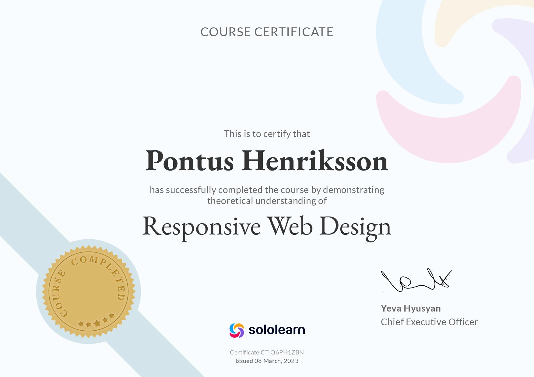 Responsive Web Design certificate from sololearn. Certificate id: CT-Q6PH1ZBN